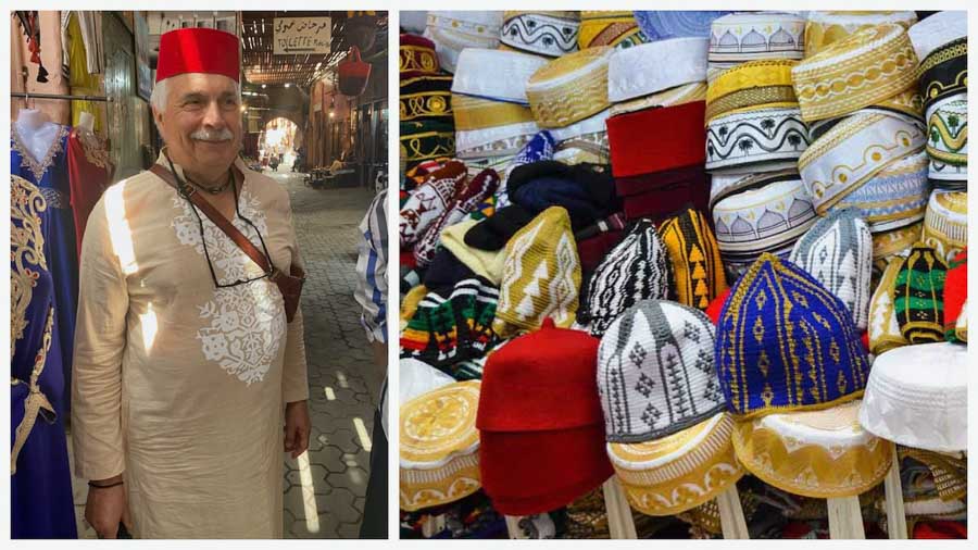 trying on fez hats in Marrakech souks