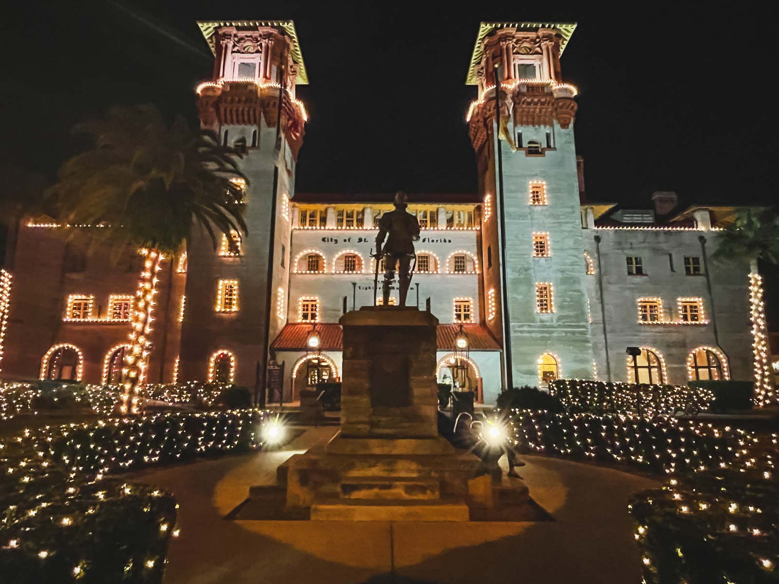 Historic buildings in St. Augustine, Florida, are covered in white lights during the Nights of Lights festival.